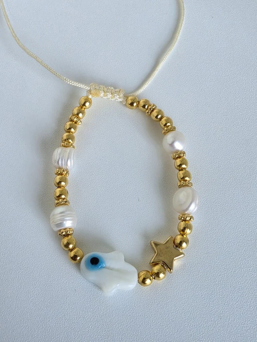 Handmade Hamsa Evil Eye Pearl Adjustable Bracelet Gold Beaded Boho Protection